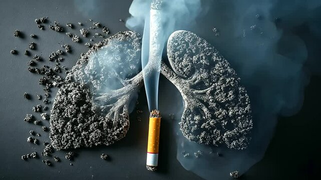 A split-screen image showing healthy lungs on one side and smoke-filled, blackened lungs on the other, with a cigarette positioned in the middle as the cause of the damage.