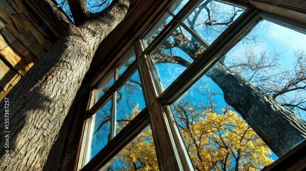 Poster a serene autumn view through large windows showcasing golden foliage and tree trunks, blending natur