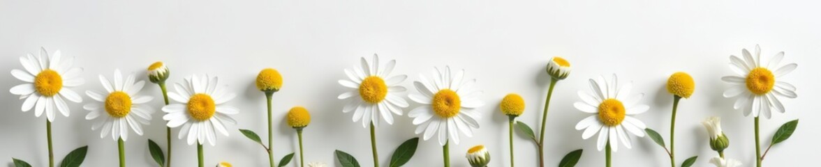 Naklejka premium Chamomile flowers isolated on light gray background, summer sunny flower, medicinal plant, beautiful collection, design element, mockup, gray, medicinal