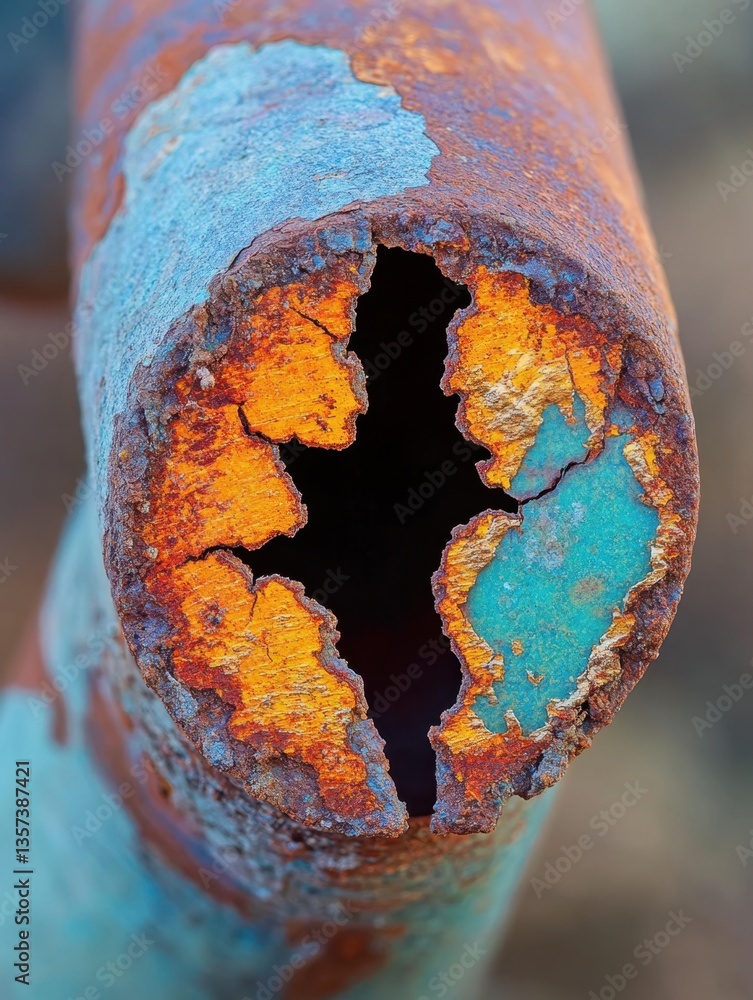 Poster close up of a corroded metal pipe showcasing vibrant rust and peeling paint creating a unique abstra