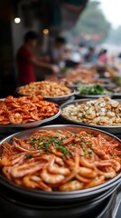 Street food shrimp dishes, busy market