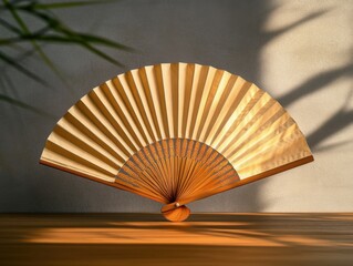 Traditional Japanese fan on wooden table with soft diffused lighting and negative space on right
