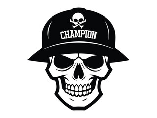 A skull wearing a baseball cap with the word CHAMPION a black and white illustration. A skull wearing cap with the word CHAMPION