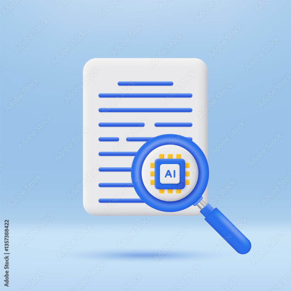 Fototapete 3d document with magnifying glass and ai chip icon. shows the use of ai technology to search. artifi