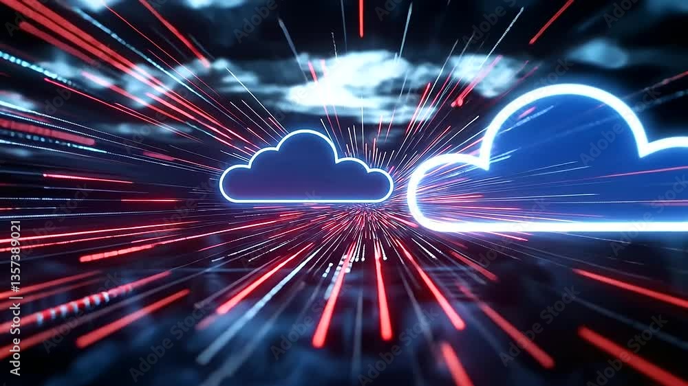Poster a visually stunning depiction of cloud computing infrastructure, featuring digital data blocks rapid