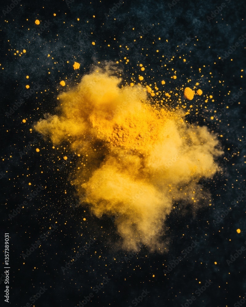 Poster ethereal cloud of vibrant yellow pigment exploding against a dark backdrop creating a dynamic and ab