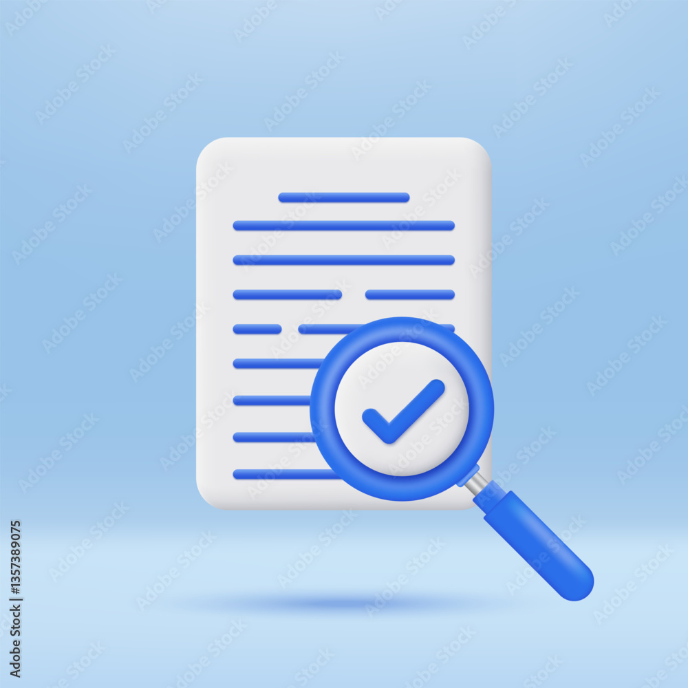 Poster 3d document with magnifying glass and check mark icon. report symbol. inspecting sign. search and an