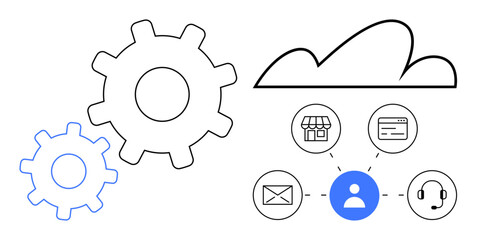 Gears connect to cloud with multiple user pathways for email, retail, payments, customer support, showcasing integration. Ideal for collaboration, automation, connectivity, communication technology