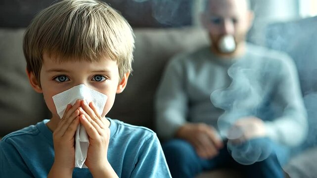 A young boy sitting on a couch clutches a tissue over his nose while his parent smokes nearby, emphasizing the long-term health risks of passive smoke inhalation.