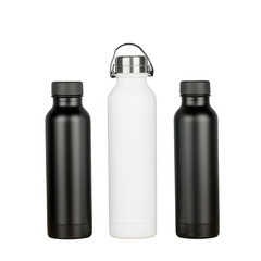 Three stylish insulated water bottles in black and white on white isolated background.