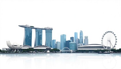 Cityscape of Singapore featuring iconic landmarks such as Marina Bay Sands and the Merlion, rendered in a minimalist style against a white background,  travel,  Asia