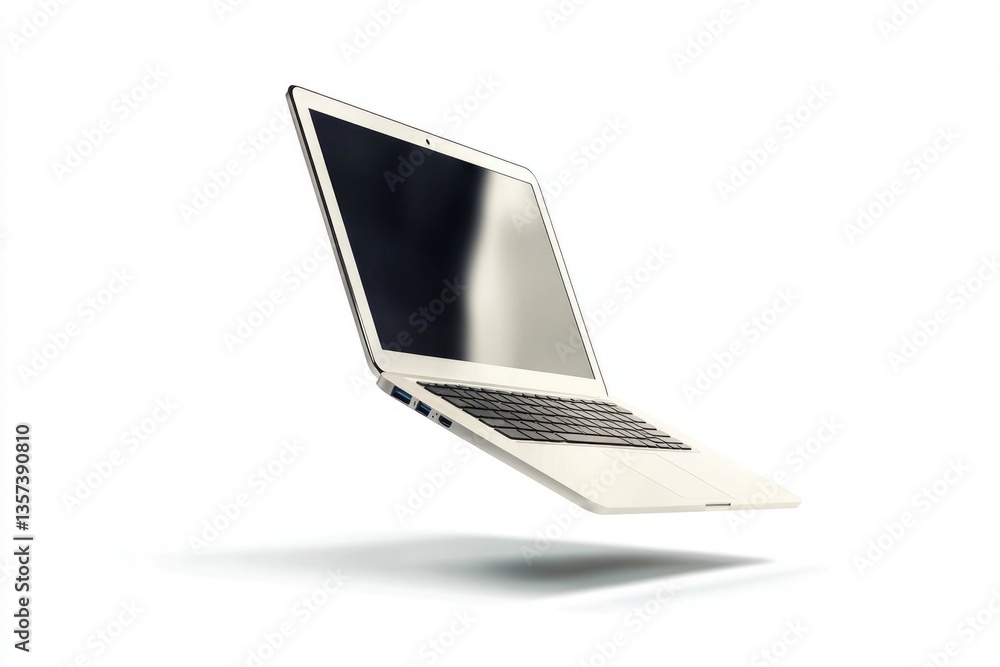 Poster isolated floating laptop mockup: sleek notebook in cyberspace with a dynamic tech aesthetic