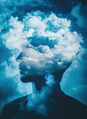 A digital art illustration of a human head silhouette made of white clouds, set against a deep blue background