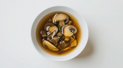 A beautifully detailed photo of a mushroom broth with porcini and garlic, served in a pristine, clean white bowl. The broth is rich and golden-brown, filled with tender slices of porcini mushrooms