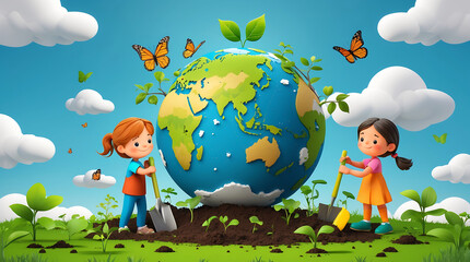 Naklejka premium World Environment Day-Two children joyfully planting saplings around a vibrant Earth, symbolizing environmental care and a bright future, under a cheerful sunny sky with playful butterflies.