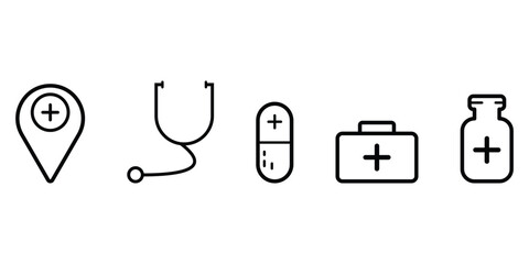 Hospital outline icon set. Containing doctor, medicine, hospital, treatment, healthcare, nurse, pills, clinic and more symbol collection illustration.