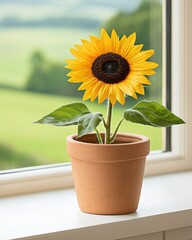 Obraz premium Sunny Sunflower in Terracotta Pot by Window, Home Decor and Botanical Beauty. Yellow Blooms and Green Leaves.