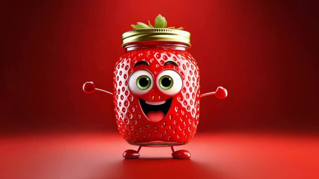 Happy Dancing Strawberry Jam Character on a Red Background. Seamless Loop