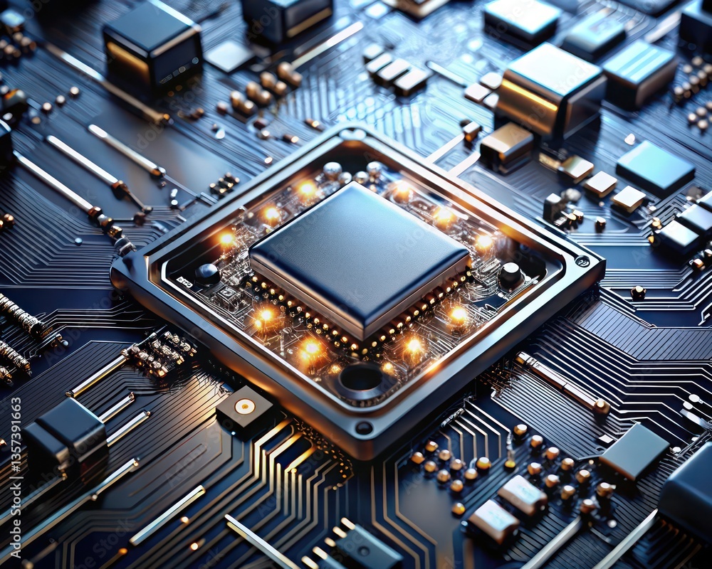 Poster a close-up view of a microchip, depicting intricate electronic components. the central processor uni