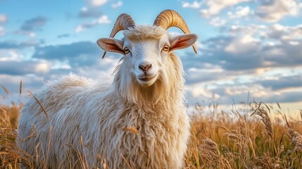Obraz premium Majestic Angora Goat in a Serene Pastoral Landscape Under a Clear Blue Sky