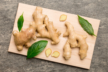 ginger on Cutting board table, top view. Space for text