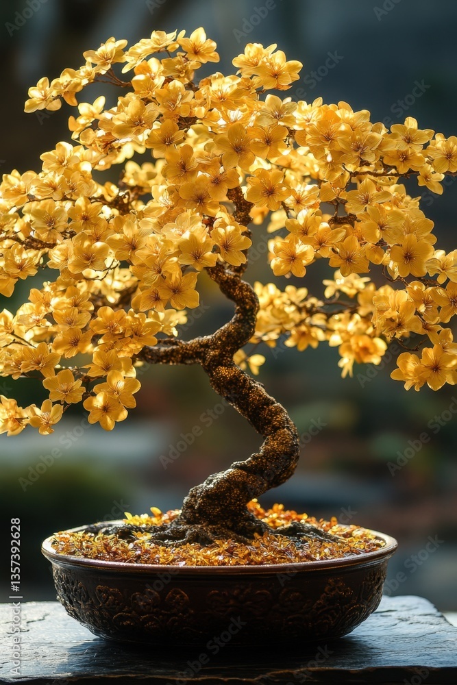 Poster golden blossom bonsai tree radiating warmth and serenity in a close up shot with a soft bokeh backgr