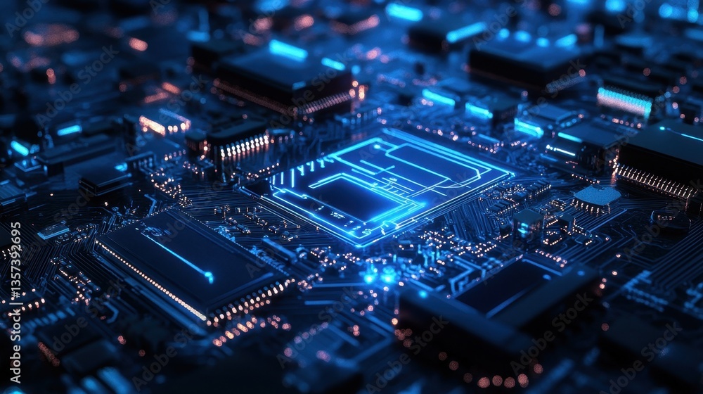 Aufkleber this captivating image showcases a futuristic microchip at the center of a complex circuit board, il