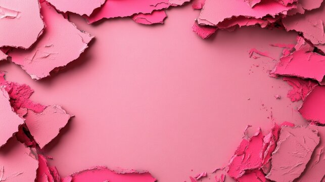 Shattered vibrant pink makeup powder pieces creatively arranged in a frame surrounding a smooth, lighter pink background for aesthetic beauty composition.