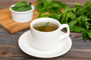 Cup of mint tea on table background. Green tea with fresh mint top view with copy space