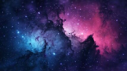 Obraz premium A mesmerizing cosmic scene, dominated by a vast expanse of space filled with twinkling stars and nebulae. The colors range from deep purples and blues to vibrant pinks and blues, creating a visually 