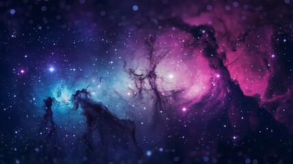 A mesmerizing cosmic scene, dominated by a vast expanse of space filled with twinkling stars and nebulae. The colors range from deep purples and blues to vibrant pinks and blues, creating a visually 