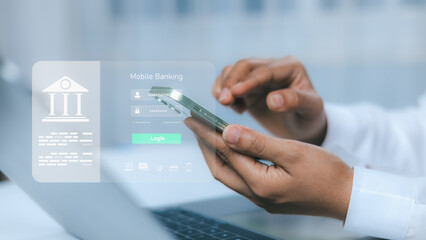 Payment online, Finance innovation technology online, E-Banking, Smart fintech service, Businessman use smartphone connecting online banking applications, Cyber security financial and investment.
