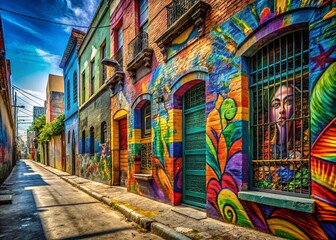 Naklejka premium Vibrant Hispanic Heritage Month Urban Exploration: Colorful Graffiti Art & Architecture