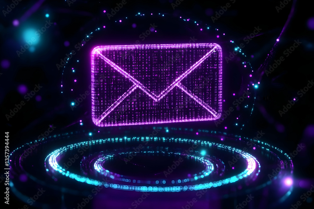 Poster a vibrant digital representation of an email envelope symbol surrounded by glowing particles, symbol