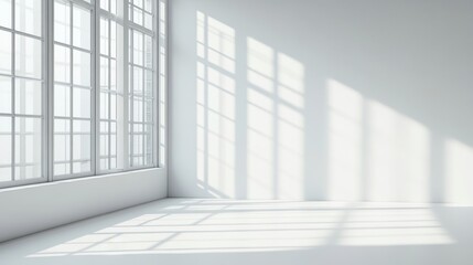 Obraz premium Bright White Room Interior with Large Window Casting Geometric Shadows Creating Minimalist Modern Space