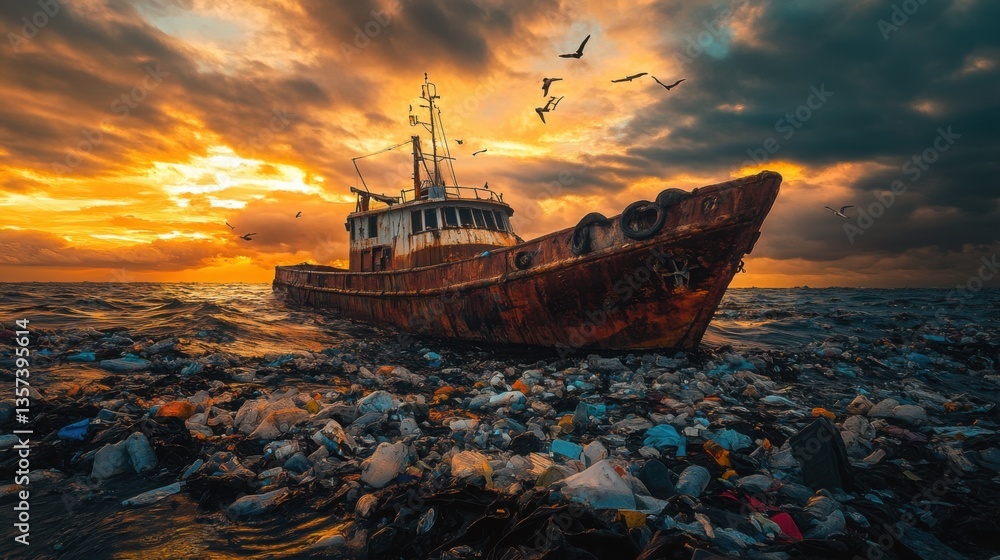 Poster a rusty, abandoned fishing boat surrounded by floating garbage in the open ocean.