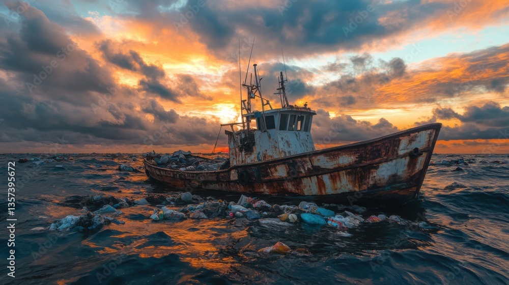 Poster a rusty, abandoned fishing boat surrounded by floating garbage in the open ocean.
