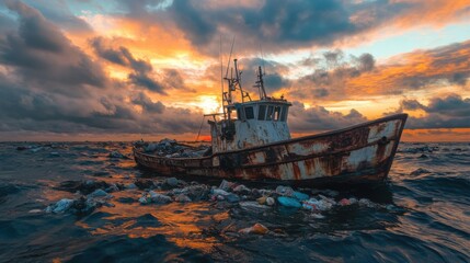 Fototapeta premium A rusty, abandoned fishing boat surrounded by floating garbage in the open ocean. 