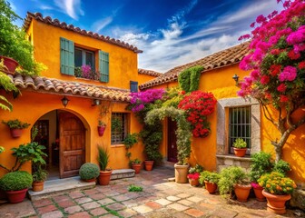 Fototapeta premium Vibrant Mexican Adobe House with Lush Courtyard, High Depth of Field