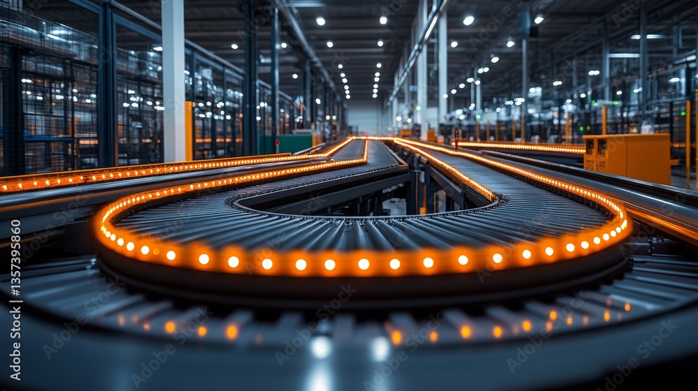 Poster a sleek conveyor system swiftly transports products in a busy warehouse, showcasing efficient logist