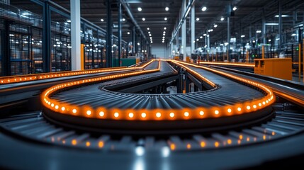 A sleek conveyor system swiftly transports products in a busy warehouse, showcasing efficient logistics with bright orange lights guiding items for sorting and storage.