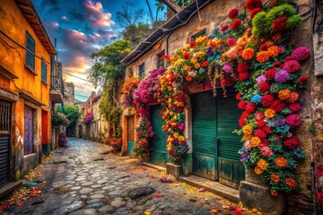 Fototapeta premium Vibrant Mexican Flowers in Urban Decay: A Stunning Contrast Stock Photo