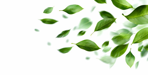 A vibrant display of green leaves elegantly floating against a clean white background, symbolizing nature's beauty and freshness.