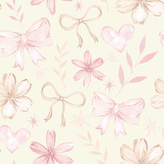 Watercolor seamless pattern with pink bows and flowers. Hand drawn print in pastel colors. Holiday background, Valentine's Day wallpaper, wrapping paper design and decoration, etc. Girly cute style.
