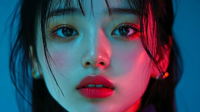 Portrait of a young woman with brilliant eyes and vibrant lighting in a creative studio setting during the evening