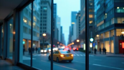 Fototapeta premium Blurred glass wall with urban city background, abstract modern window design, reflection, glass