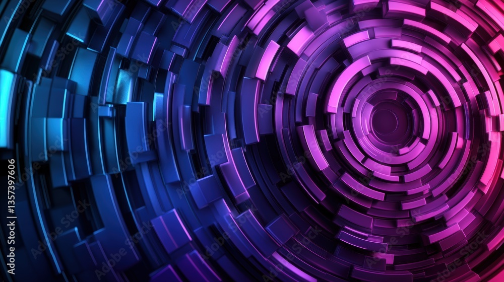Poster abstract digital art featu concentric circles of metallic blue and purple rectangular blocks converg