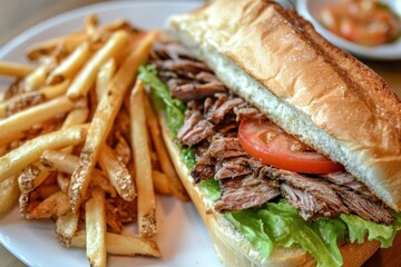 A delicious sandwich and fries are presented on a white plate