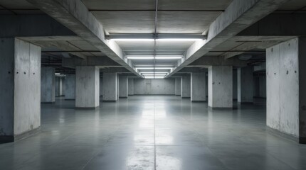 Obraz premium Concrete Perspectives: An imposing and stark architectural study of a parking garage interior, with its symmetrical arrangement of concrete pillars and smooth, reflective flooring.