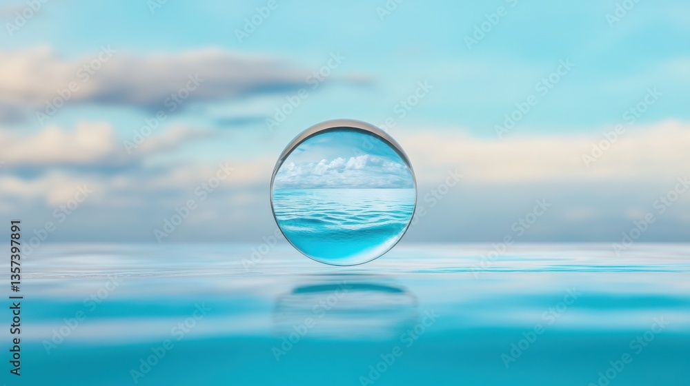 Poster macro shot of a single water droplet filled with tiny plastic particles, reflecting a polluted ocean